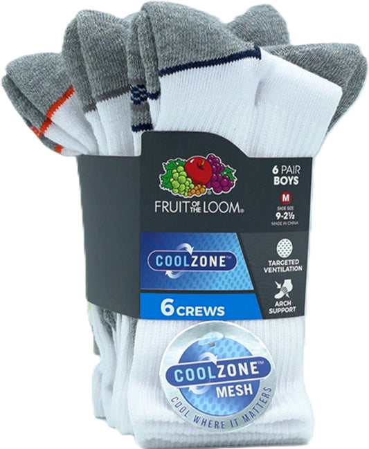 Chaussettes Garçon lot de 6. Crews Blanc Assorti Cool Zone Taille 9 - 2 1/2 Fruit Of The Loom