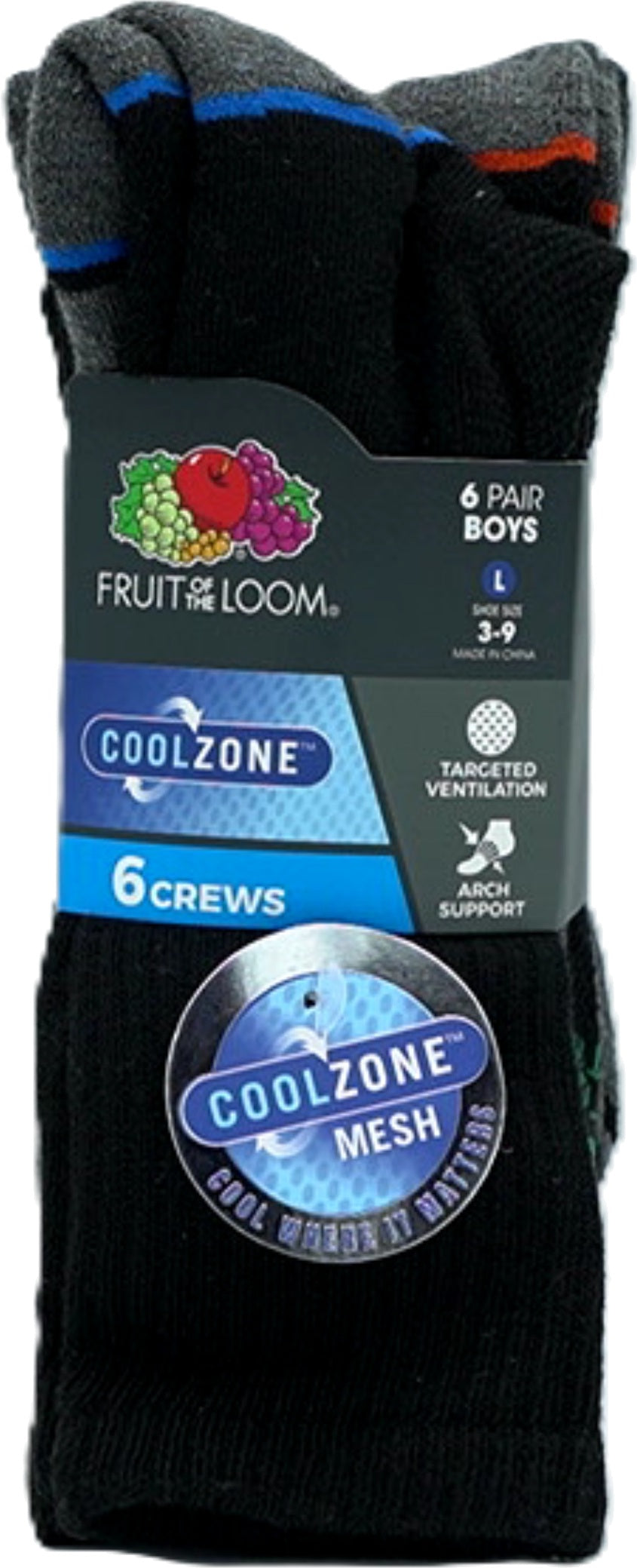 Chaussettes Garçon 6 paires. Crew Noires Assorties Zone Fraîche Taille 3-9 Fruit Of The Loom