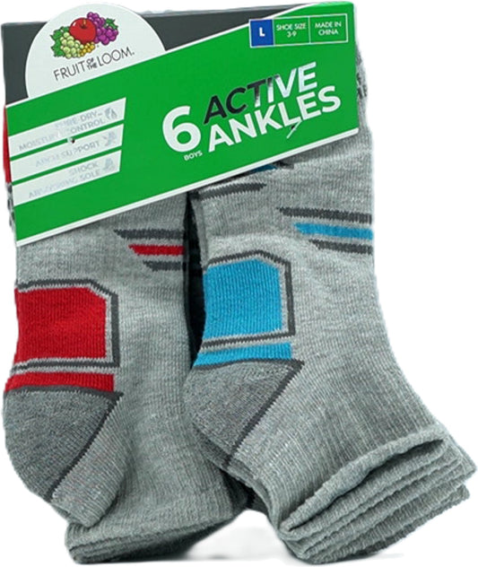 Chaussettes garçon 6 paires. Chevilles gris assortis taille 3-9 Fruit Of The Loom