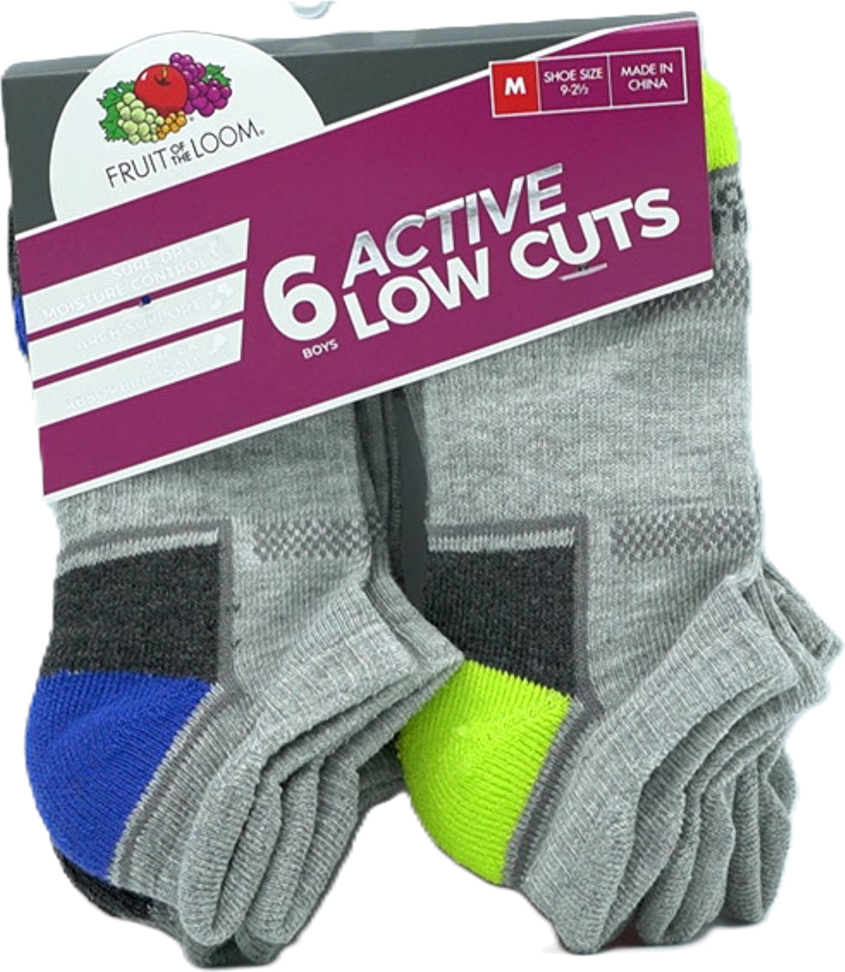 Chaussettes garçon 6 paires. Coupées basses Gris assorti Taille 9 - 2-1/2 Fruit Of The Loom