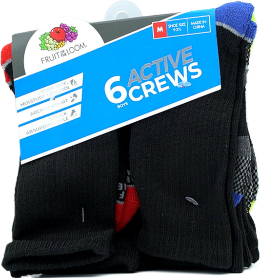 Chaussettes Garçon lot de 6. Crews Noir Taille assortie 9 - 2-1/2 Fruit Of The Loom