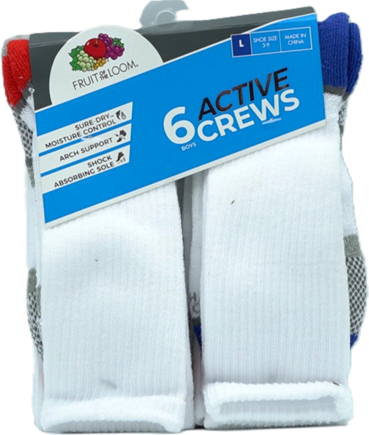 Chaussettes Garçon lot de 6. Crews Blanc Tailles Assorties 3-9 Fruit Of The Loom