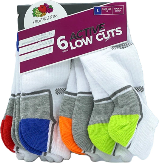 Chaussettes garçon coupe basse 6 paires blanches assorties tailles 3-9 Fruit Of The Loom