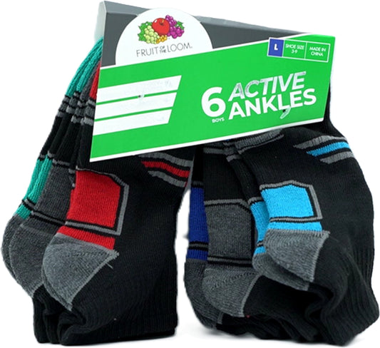 Chaussettes Garçon Paq. de 6. Chevilles Noir Tailles Assorties 3-9 Fruit Of The Loom