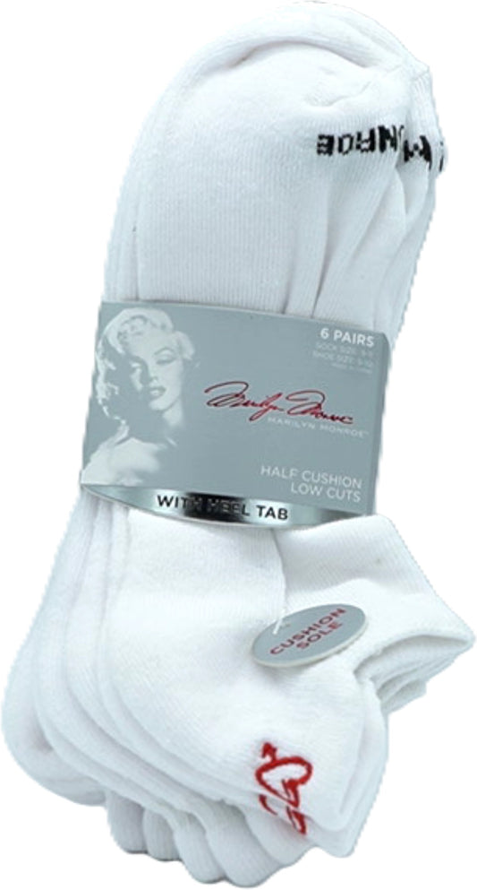 Socks Ladies Half Cushion Low Cuts 6pk. White Marilyn Monroe Size 9-11