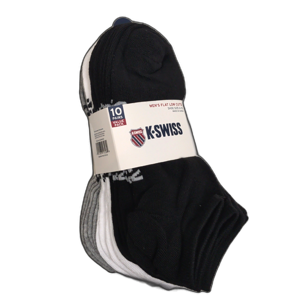 Socks Men's Flat Low Cuts 10pk. Black/White/Grey Size 6-12 K-Swiss