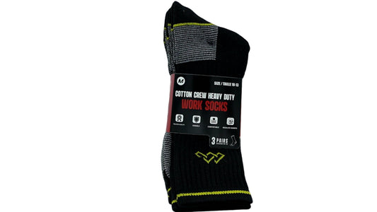 Work Socks 3pk. Black/Grey/Yellow Heavy Duty Cotton Size 10-13 (ENDCAP/PROMO)