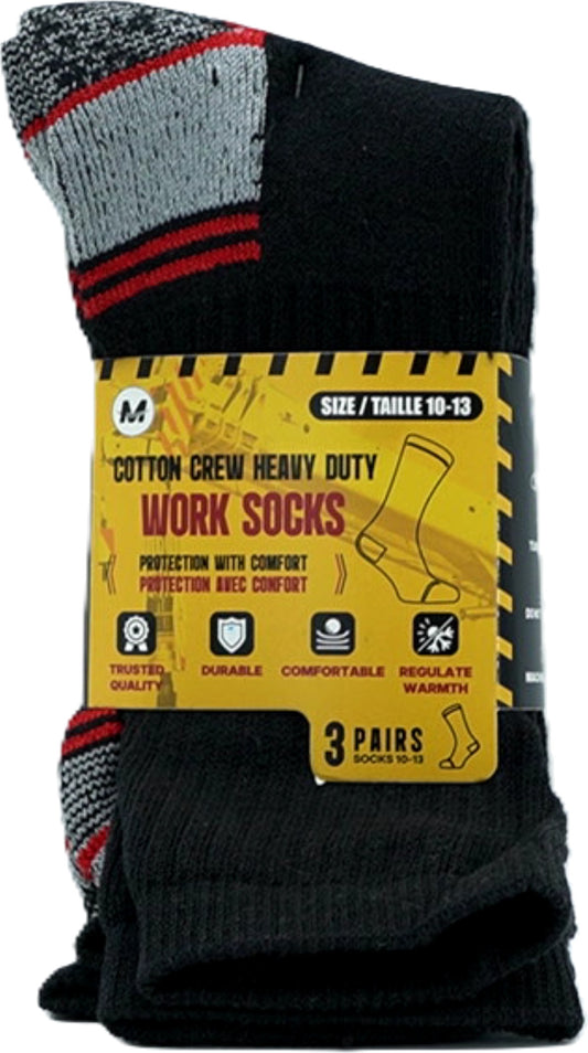 Work Socks 3pk. Black/Grey/Red Heavy Duty Cotton Size 10-13 (ENDCAP/PROMO)
