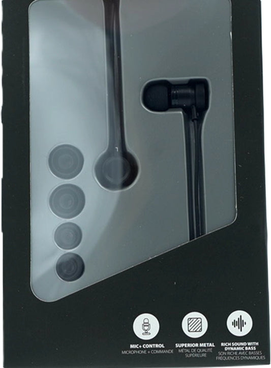Metal Stereo Earbuds w/Mic + Control 3.5mm Black Blast Iessentials - Additional View