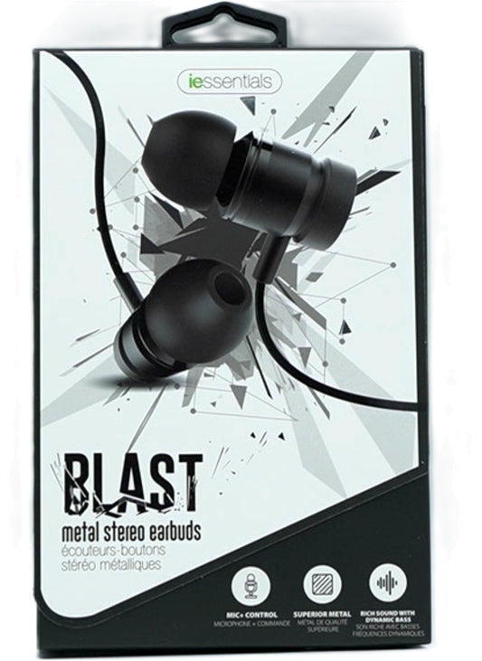 Metal Stereo Earbuds w/Mic + Control 3.5mm Black Blast Iessentials