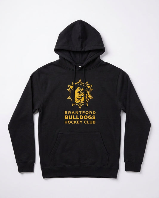 Brantford Bulldogs Hockey Club black pullover hoodie with gold bulldog crest, laid flat