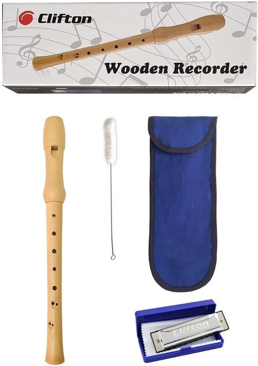 Wooden Recorder 8 Hole Soprano Baroque Fingering w/Storage Bag & Cleaning Stick Clifton