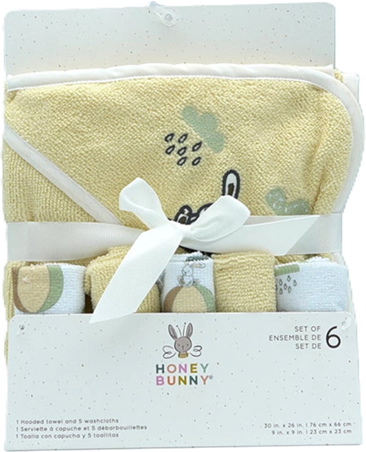 6pc. Wash Cloth Set w/Hooded Towel Yellow Honey Bunny