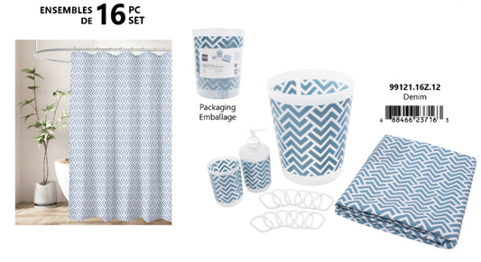 Bath Set 16 Pc - Denim - Waste Bin - 12 Hooks - Lotion Dispenser & Tumbler