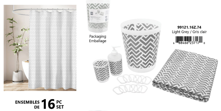 Bath Set 16 Pc - Grey - Waste Bin - 12 Hooks - Lotion Dispenser & Tumbler
