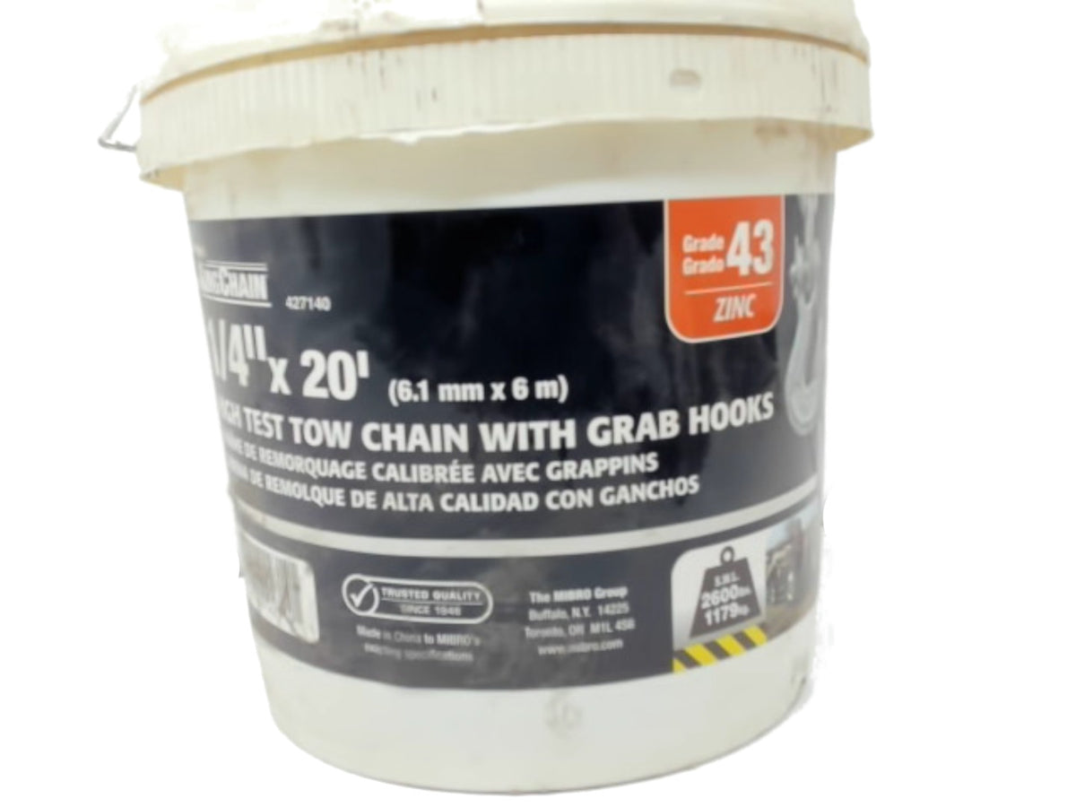 1/4" x 20' High Test Tow Chain w/Grab Hooks Grade 43 Zinc 2600lbs
