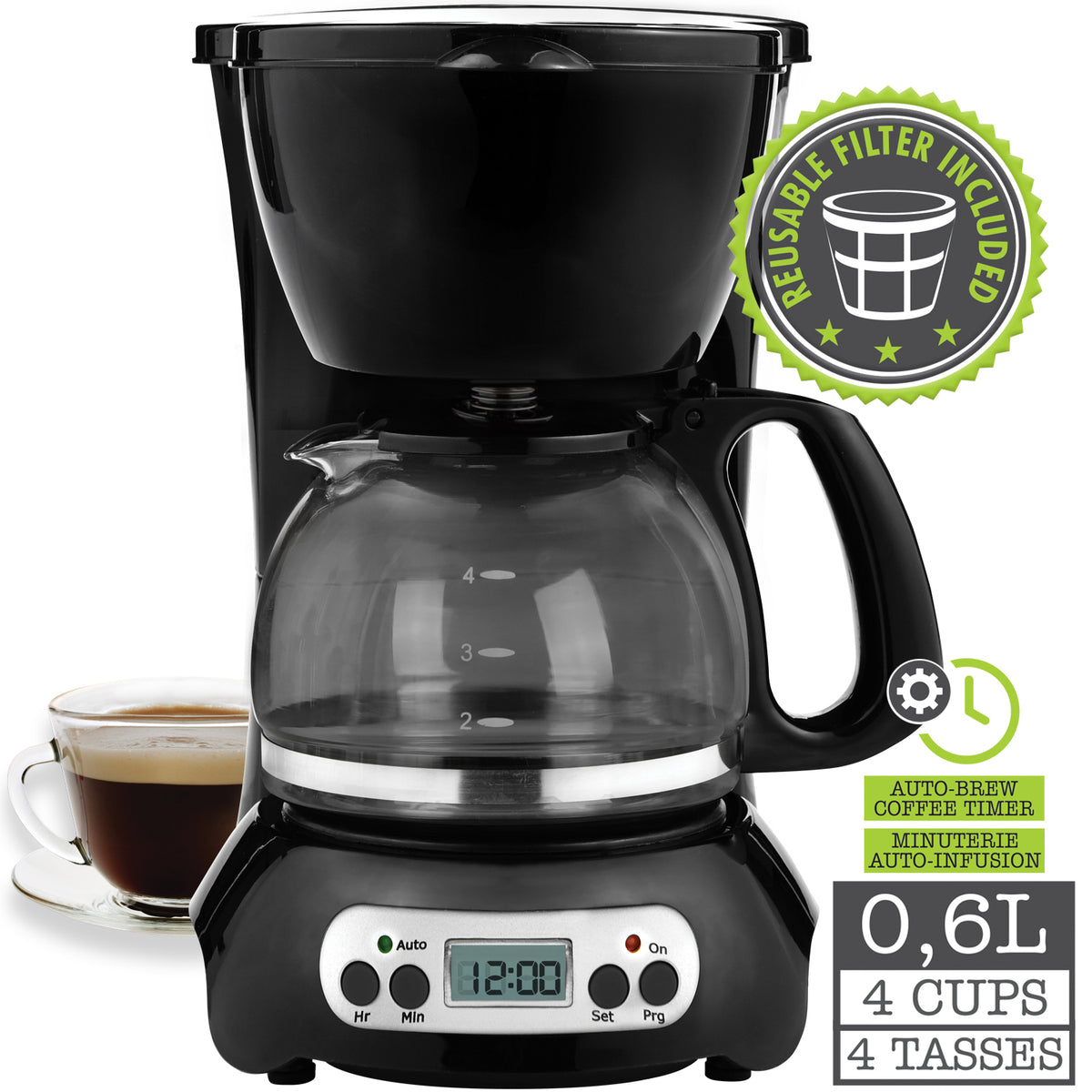 Coffee Maker 4 cups w/reuseable filter