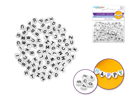 Alphabet Beads: 6mmx7mm Heart x90 4mm(T) B) White w/Black Letters