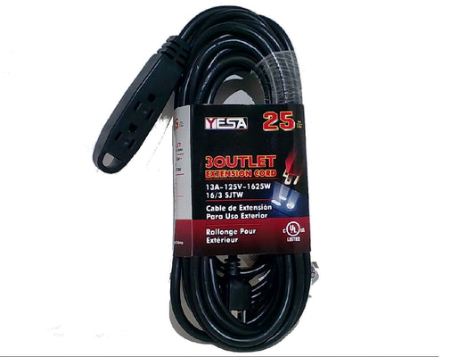 Extension cord 16 gauge 25 foot outdoor 3 outlet 3 prong black