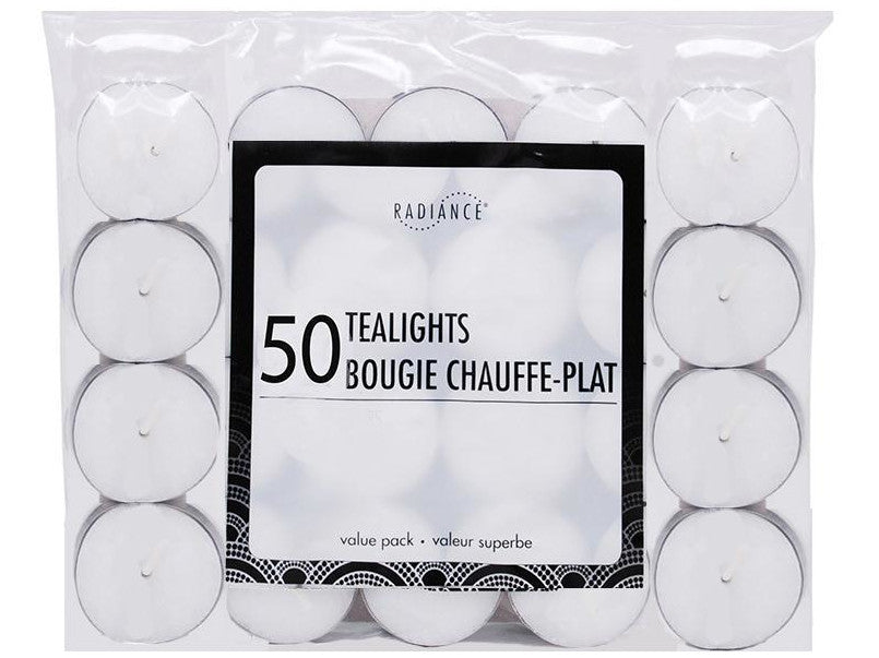Tealights White 50PK-9GM BAGGED 3 HOURS RADIANCE (promo)