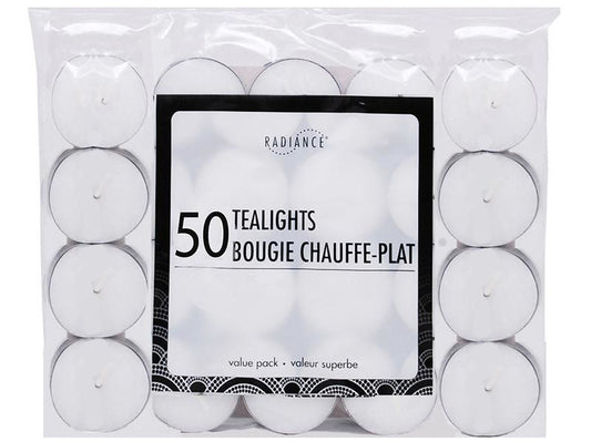 Tealights White 50PK-9GM BAGGED 3 HOURS RADIANCE (promo)