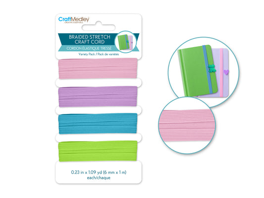 Craft Medley: 6mm X 4m Braided Stretch Craft Cord (4x1m) A) Pastel Blend