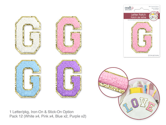 Patch thermocollant/autocollant 3D en chenille, lettre de 6,35 cm G