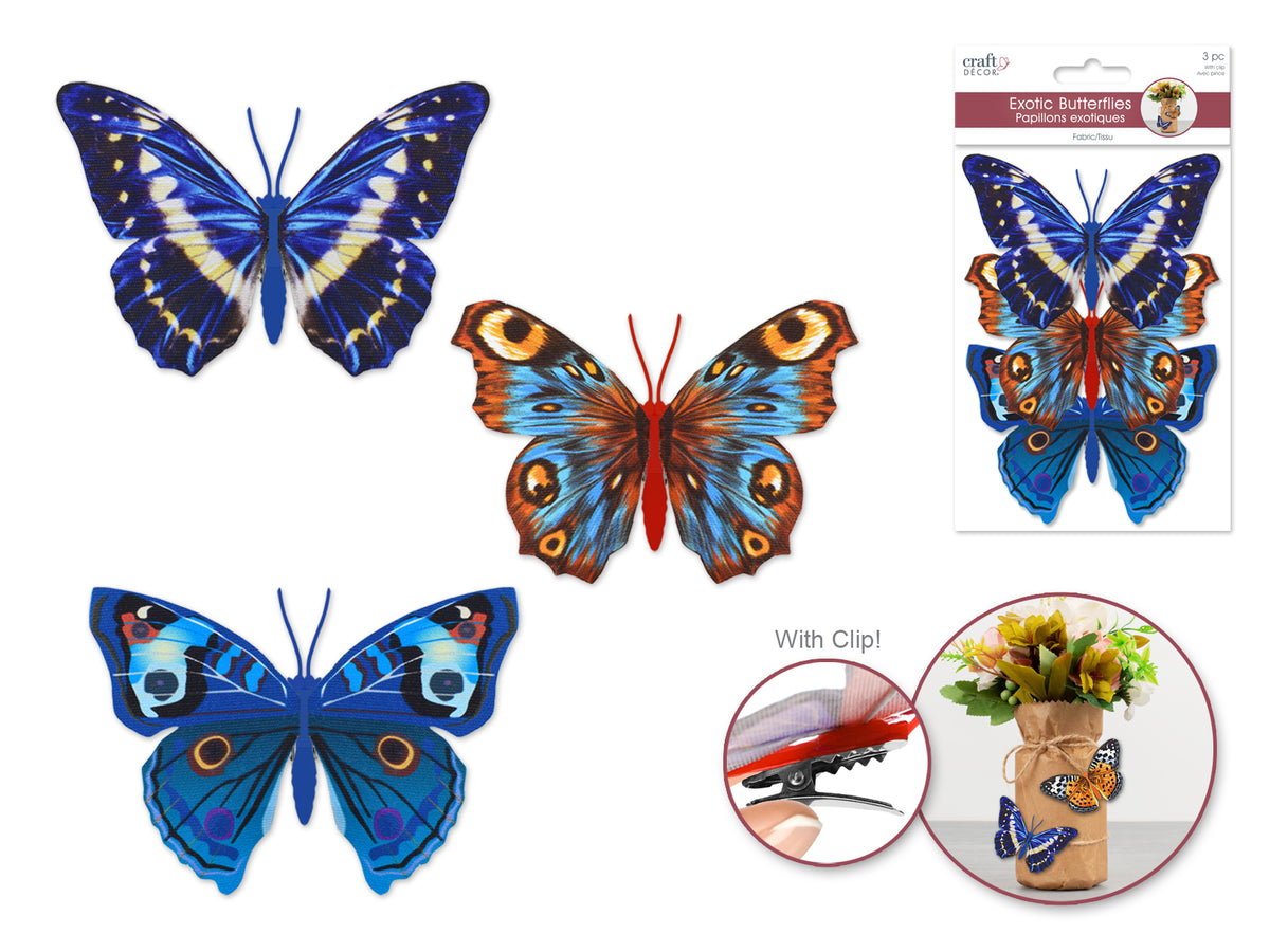 Papillons à motifs 11cmx8cm x3 avec pince B) Bleu