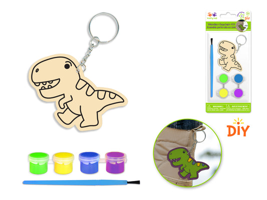 Wood Keychain Kit DIY w/4 Paint Pots+Brush D) T-Rex