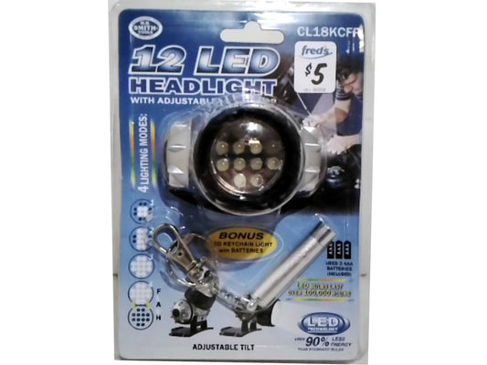Lampe frontale 12 LED avec sangle réglable et lampe torche porte-clés bonus