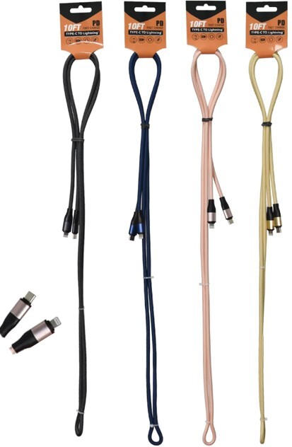 USB C - Lightning 10Ft Braided HD Cable Ass't Colours PDI