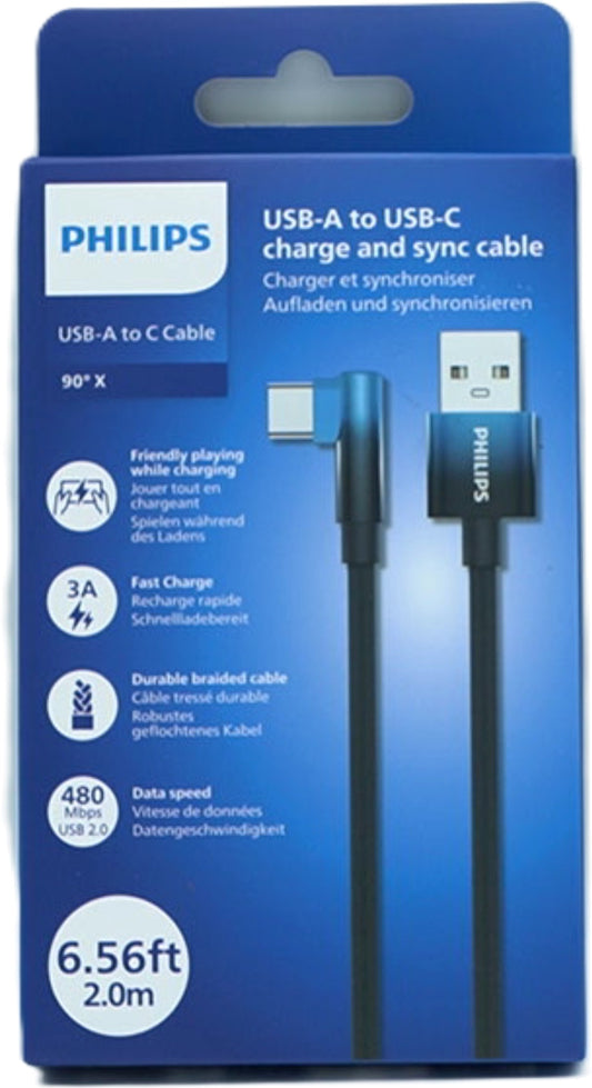 USB A - USB C 6.5Ft 90 Degree Blue Braided Cable Philips