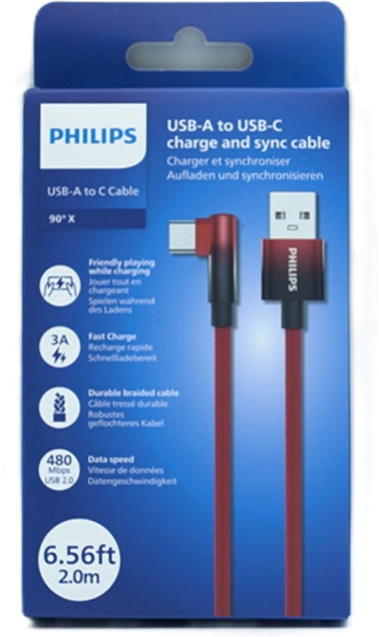 USB A - USB C 6.5Ft 90 Degree Red Braided Cable Philips