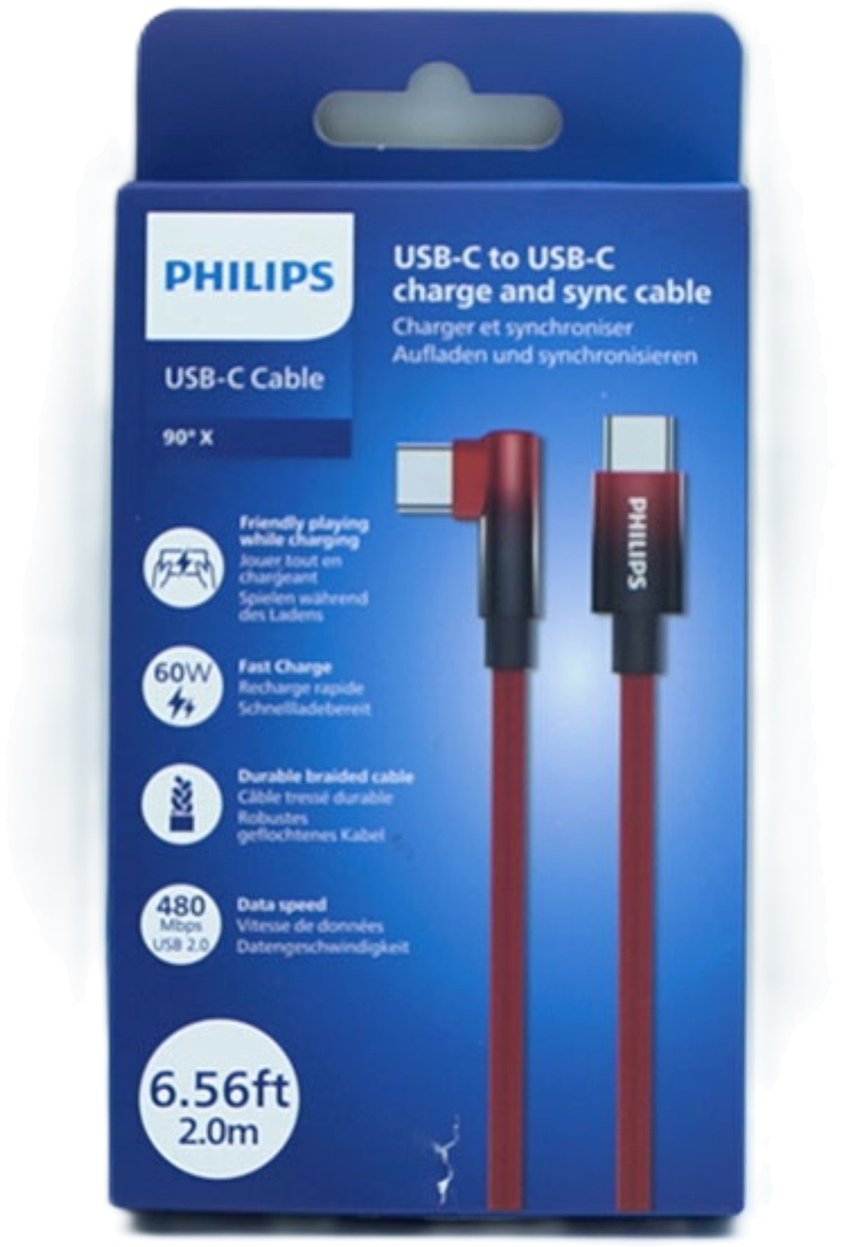USB C - USB C 6.5Ft 90 Degree Red Braided Cable Philips