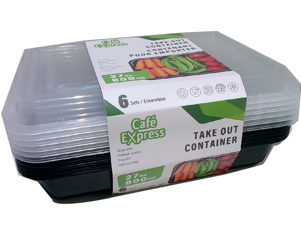 Emballage de 6 barquettes rectangulaires de 798 ml avec couvercles transparents