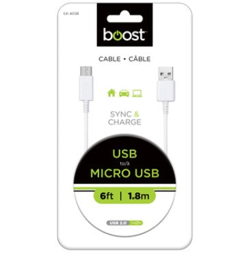 USB A - Micro USB 6Ft White Cable Elink