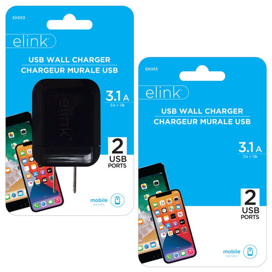Wall Charger Dual USB A 3.1A Ass't Colours Elink