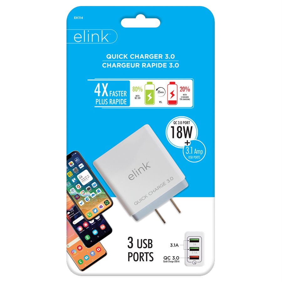 Wall Charger 3 x USB A 3.1A QC 3.0 Elink