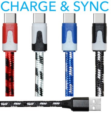USB A - USB C 10Ft Braided Cable Ass't Colours Elink