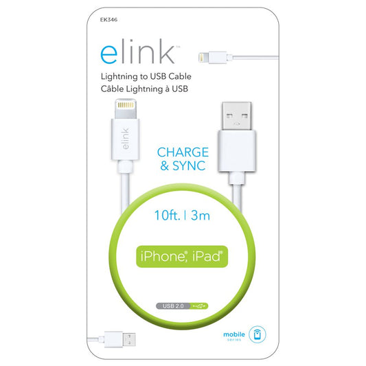 USB A - Lightning 10Ft White Cable Elink