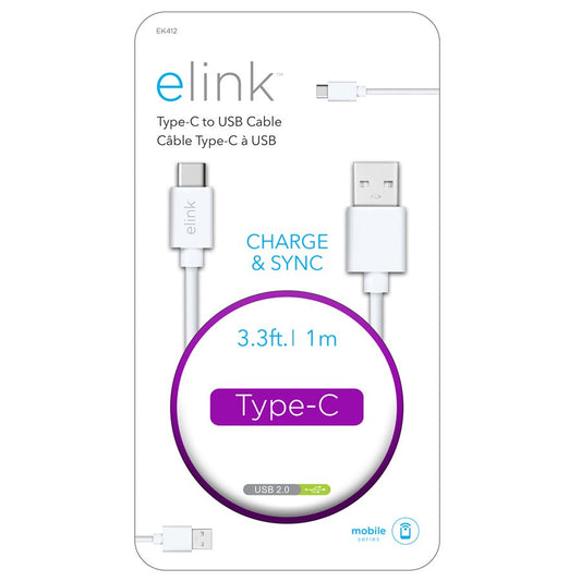 USB A - USB C 3.3Ft White Cable Elink