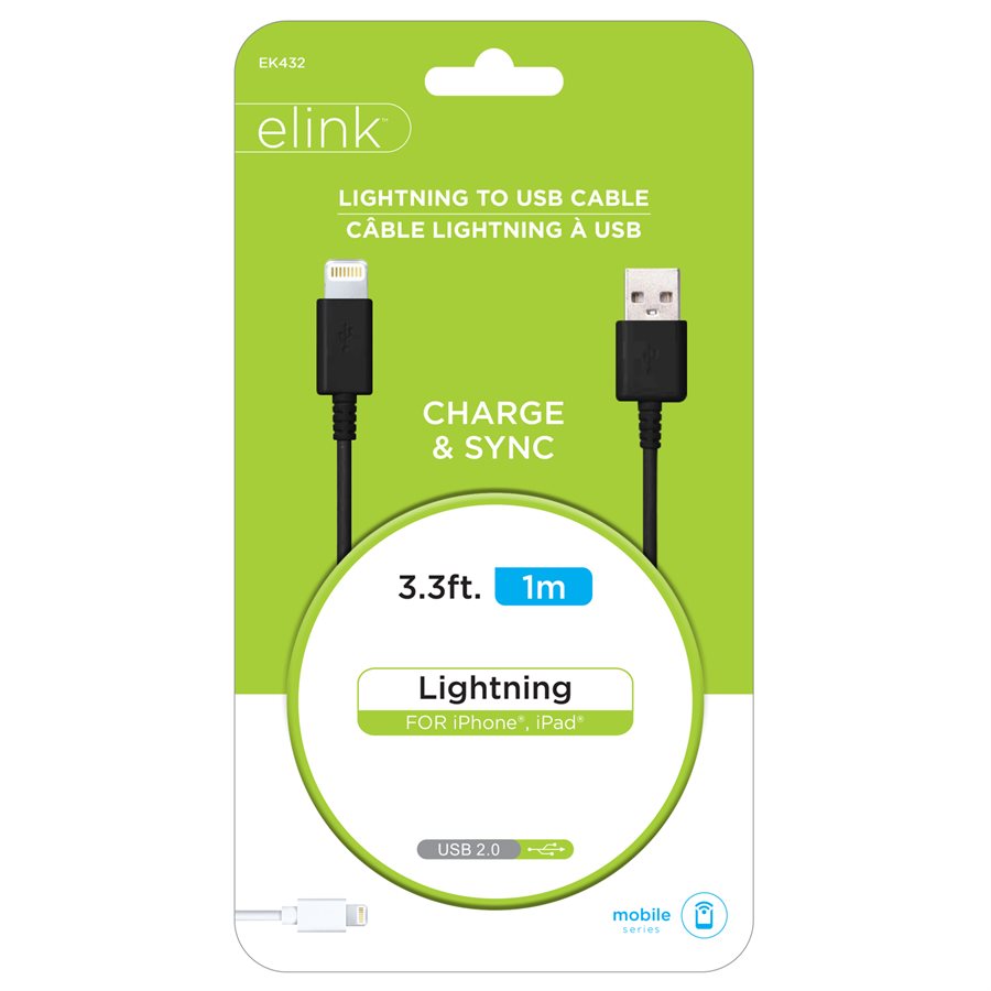 USB A - Lightning 3.3Ft Black Cable Elink