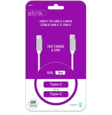 USB C - USB C 10Ft White Cable Elink