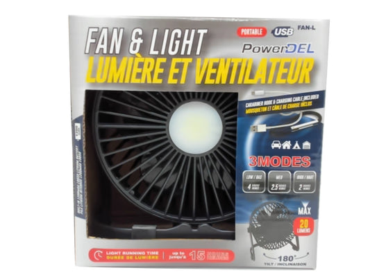 ventilateur et lampe rechargeables via USB 3 modes faible - 4 heures moyen - 2,5 heures élevé - 2 heures 20 lumens