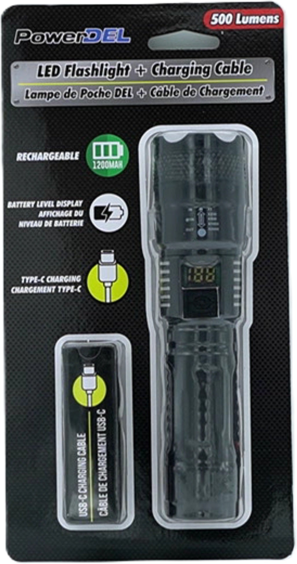 LED Flashlight 500 Lumens Rechargeable PowerDEL