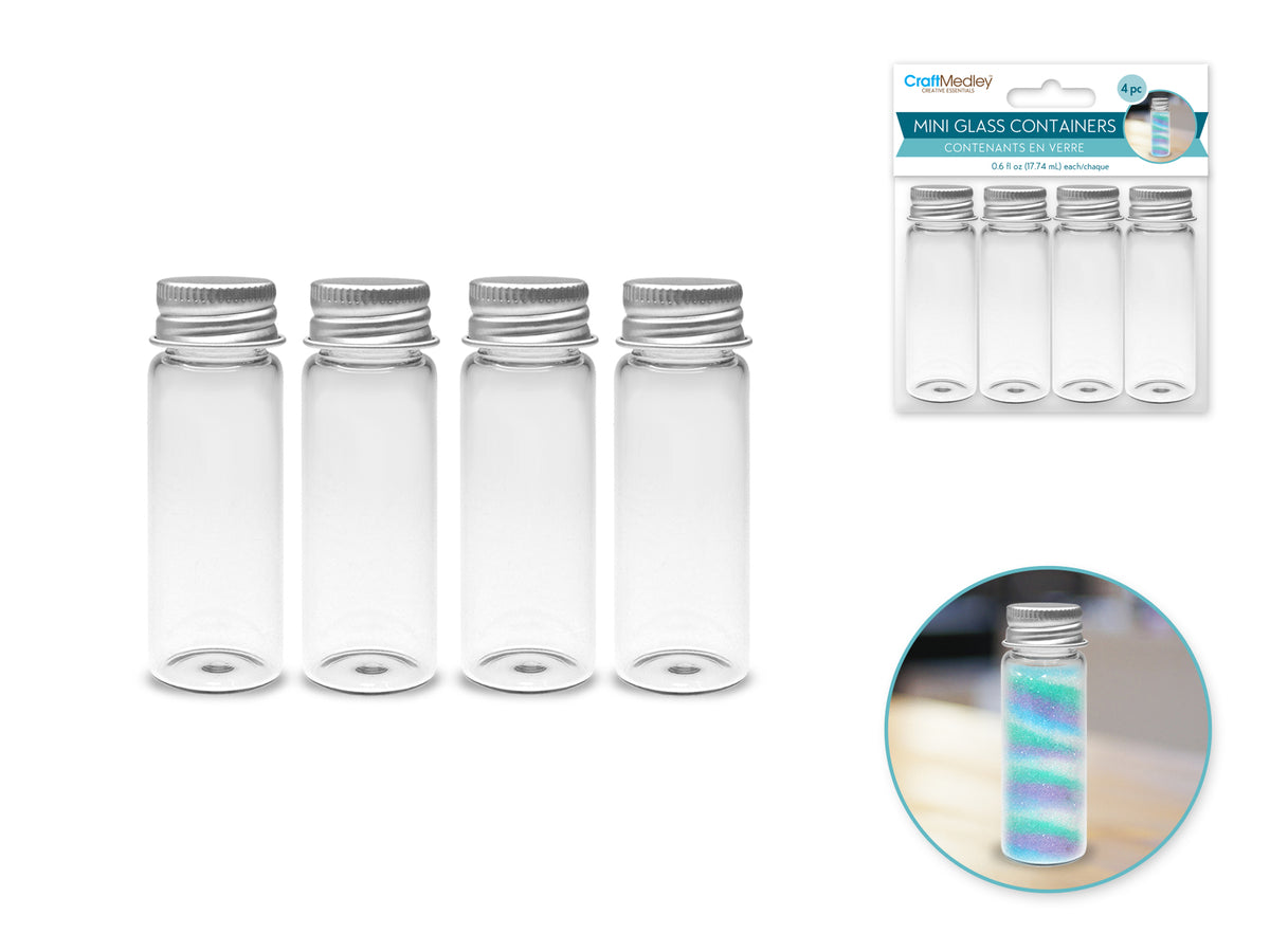 Glass Bottles 22x65mm. 17ml. Mini Containers w/Matte Alum. 4pk.