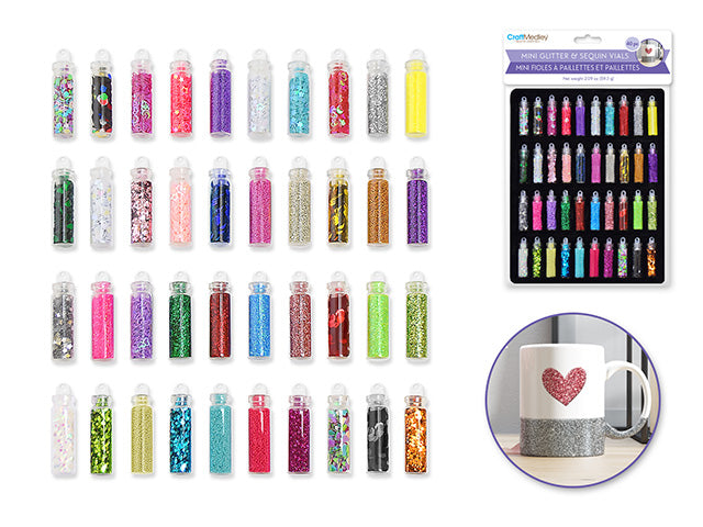 Mini Glitter & Sequin Vials 40pc Asst Craft Medley