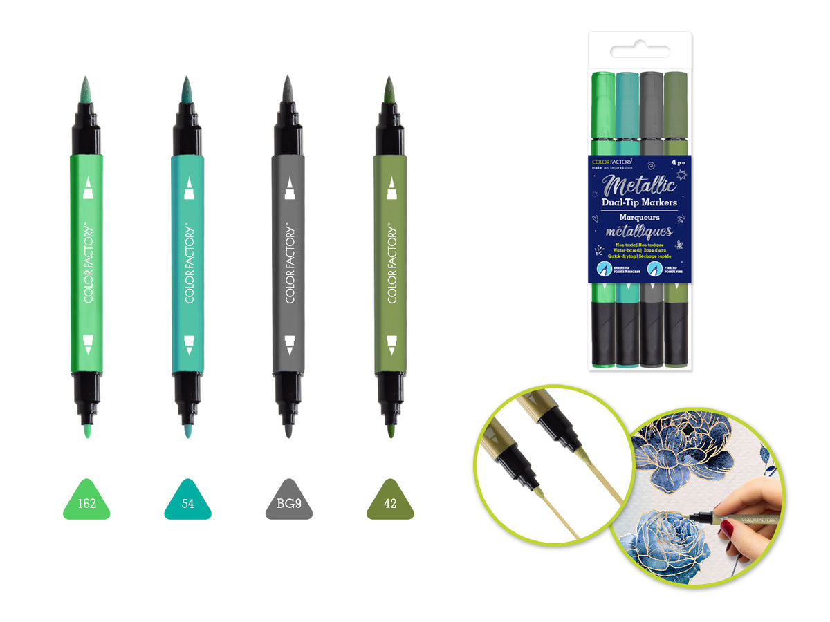 Metallic Dual-Tip Markers Fine+Brush 4pk Water Based C) Verde