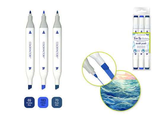 Alcohol Based Twin Markers Fine+Chisel Tips 3pk D) Denim