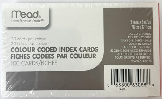 Index Cards 3"x5" Colour Coded Mead
